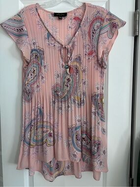 Melissa Paige Pleated Paisley Tunic Blouse Pink Boho PXL Petite XL